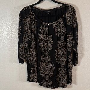 Lucky Brand Black & Tan Boho Peasant 3/4 Top Size 3X